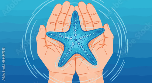 Two human hands gently cupped together holding a blue starfish above rippling water symbolizing marine life conservation.