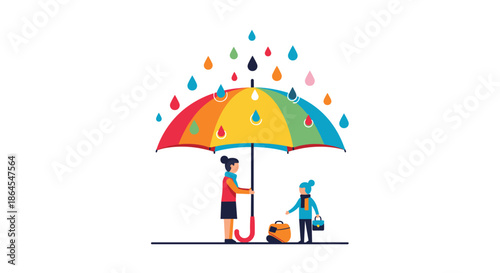 A woman holds a large rainbow umbrella over a child protecting them from colorful raindrops symbolizing care and insurance.
