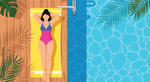 An aerial top-down view of a woman in a swimsuit sunbathing on a yellow towel by a sparkling blue swimming pool vector.