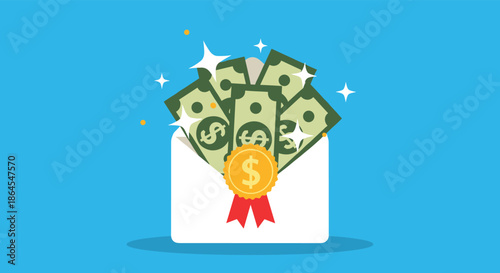 An open envelope filled with sparkling cash and a gold medal symbolizing a financial prize award bonus or salary payment.
