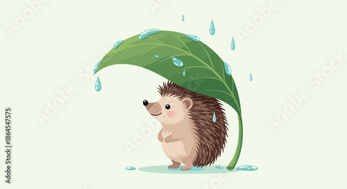 A cute and charming cartoon hedgehog smiles while taking shelter from the rain under a large green leaf like an umbrella vector.