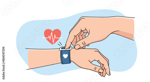 A person checks their pulse and heart rate on a smart watch fitness tracker showing a heartbeat line and a red heart icon.