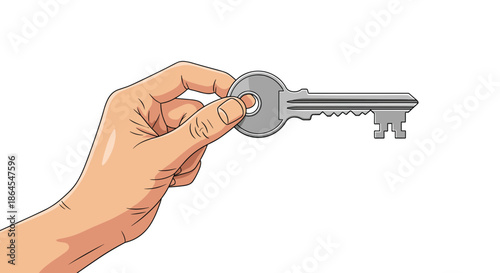 A detailed cartoon illustration of a human hand holding a silver metal key between the thumb and forefinger on a white background.
