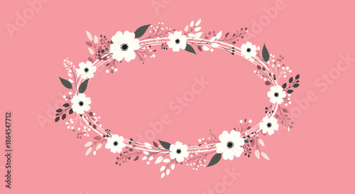 An elegant oval frame made of white and gray flowers and leaves is on a solid pink background for a wedding invitation.