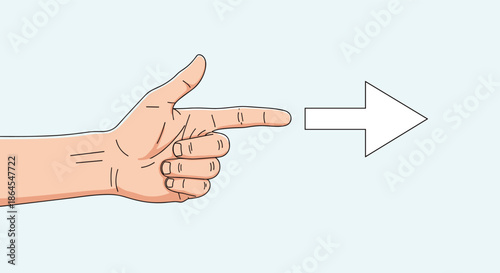 A hand making a pointing gesture with the index finger extended is aimed at a white arrow indicating direction or guidance.