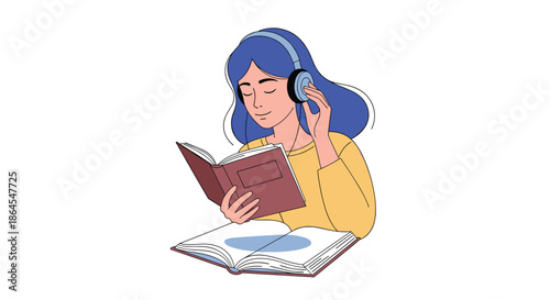 A young woman with blue hair and headphones is reading a book and listening to an audiobook at the same time for learning.