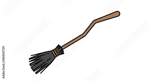 A simple cartoon illustration of a witch's broomstick with a wooden handle and black bristles is isolated on a white background.