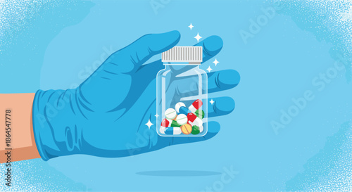 A hand in a blue medical glove holding a clear bottle full of colorful sparkling pills and capsules for healthcare treatment.