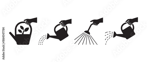 Watering Can Usage Icons Set Showing Hand Pouring and Sprinkling Water on Plants, Gardening and Horticulture Care Concepts