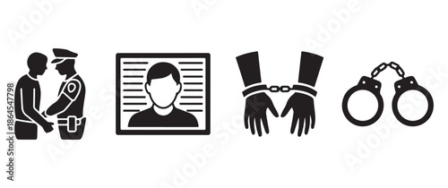 Crime and Punishment Icon Set Featuring Police Arrest, Mugshot, Handcuffed Hands, and Metal Handcuffs for Legal and Justice Themes
