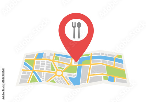 Restaurant map concept. Folded map with red location pin in flat design. Food location.