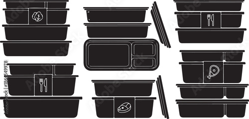 Black food containers with labels and utensils illustration set