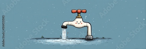 Playful Cartoon Water Faucet with Splashing Water on Blue Background