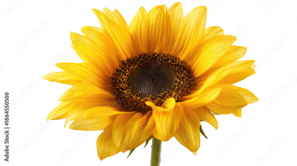 Naklejka premium Bright yellow sunflower bloom with detailed petals and natural seed center floral macro photography isolated on white background 