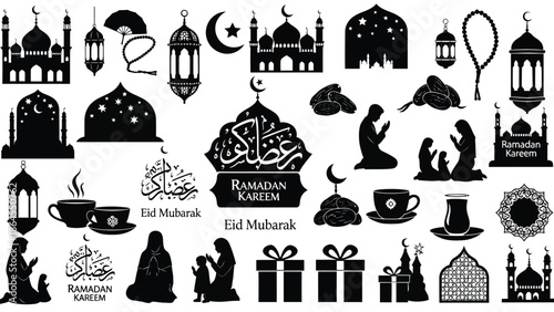 Ramadan kareem icons set for islamic celebration