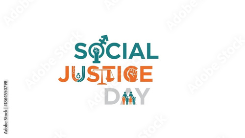 Vibrant social justice day graphic with stylized text and diverse human icons on white background with equality and diversity and inclusion and human rights