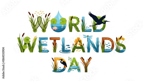World wetlands day illustration with colorful typography and nature elements with conservation and ecosystem and wildlife and sustainability