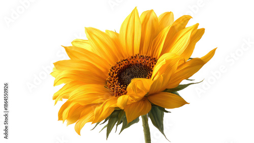 Golden yellow sunflower bloom with layered petals detailed seed head botanical macro flower photography isolated on white background