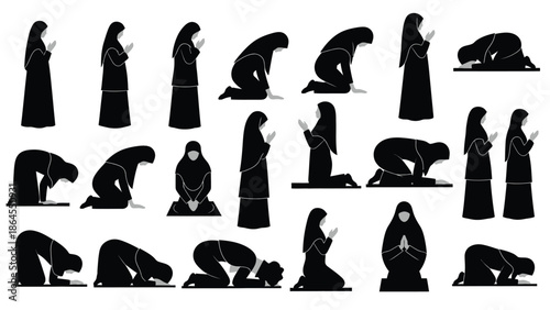 Muslim woman performing prayer rituals in various stages