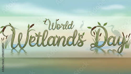 World wetlands day celebration with serene wetland landscape and herons in background with conservation and environment and ecosystem and nature