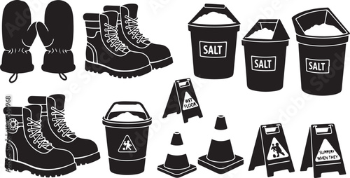 Winter road safety equipment and gear icons