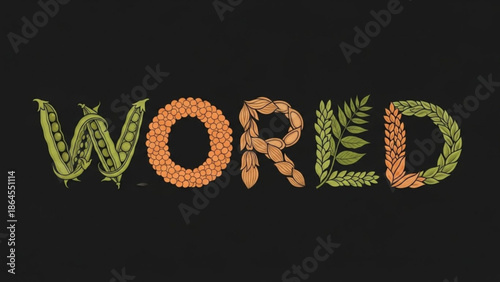 Earthy typography design with food and plant elements forming the word world on black background with sustainability and ecology and environment