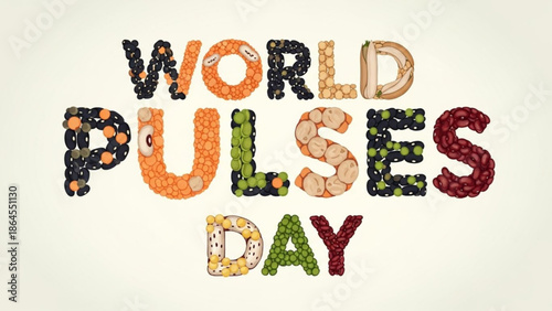 World pulses day celebration with colorful lettering made of various legumes and beans on cream background with food and nutrition and healthy eating