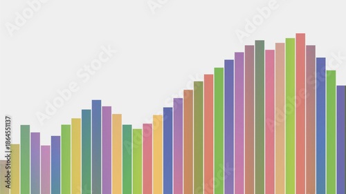Minimalist Vector Illustration of a Colorful Bar Chart with Rising and Falling Vertical Columns over a Neutral Gray Background Representing Data Growth, Statistics, and Financial Success