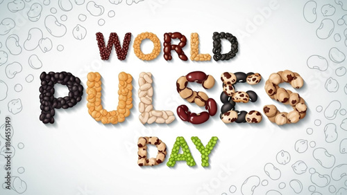 World pulses day celebration with colorful beans and legumes arranged as text on white background with bubble pattern with food and health and wellness