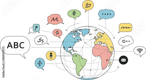 Concept illustration depicting global communication encompassing diverse languages, speech recognition, and international digital messaging services across the world map.
