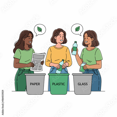 Tre donne sorridenti riciclano rifiuti in contenitori separati per carta, plastica e vetro, promuovendo la sostenibilità ambientale.
