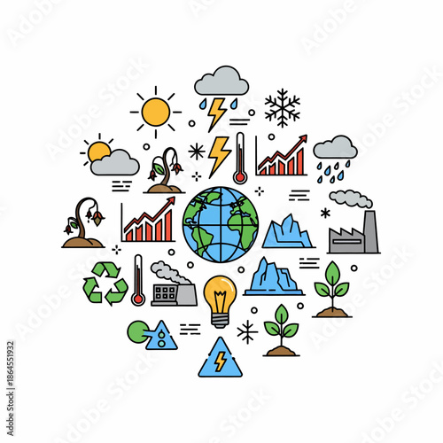 Illustrazione vettoriale di icone sul cambiamento climatico, ambiente, energia e sostenibilità.