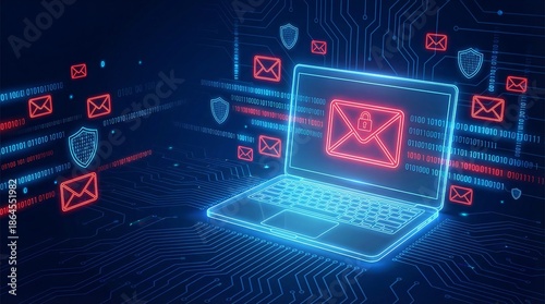 Wallpaper Mural a digital representation of cyber security showcasing a glowing laptop with a lock symbol inside an email surrounded by network lines and shields Torontodigital.ca