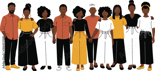 Diverse group of ten happy and connected black individuals standing together in solidarity showcasing unity and strong interpersonal relationships against a white background.
