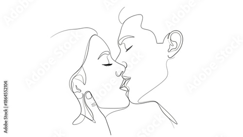 Minimalist continuous line drawing of a couple kissing romantic embrace in simple art style perfect for love and relationship themes
