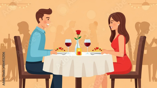 Couple enjoying a romantic dinner date at a restaurant with wine and a rose on the table flat vector illustration for dating or relationship concepts