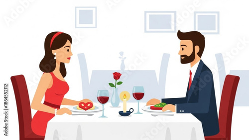Couple enjoying a romantic dinner date at a restaurant with wine and food on the table flat vector illustration for love and relationship concepts