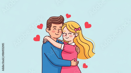 Loving couple embracing with hearts floating around representing romance and affection in a flat design illustration for Valentines Day or relationship concepts