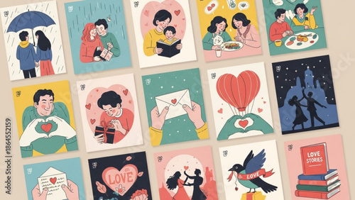 Collection of charming flat illustrations depicting love and relationships perfect for Valentines Day cards social media and romantic themes