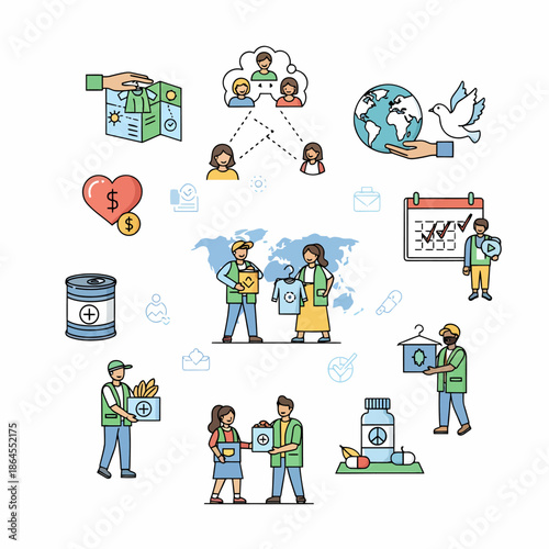 Illustrazione vettoriale di concetti di beneficenza, volontariato e aiuto sociale con persone che donano e ricevono supporto.