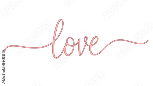 Elegant love word in a flowing script font rose gold calligraphy for Valentines Day or wedding invitations isolated on white