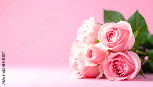 Soft pastel pink backdrop featuring a delicate bouquet of pink roses and romance