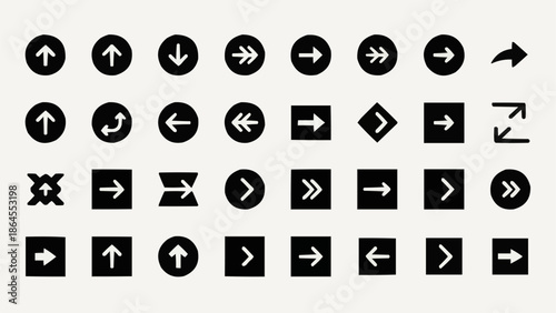 Collection of Black Arrow Icons on White Background.