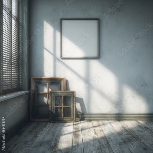 Empty room interior with sunlight and framed windows illustration