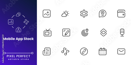 Modern mobile UI icons set with clean line vector style, ideal for app dashboards, web interfaces, software systems, presentations, and digital products.