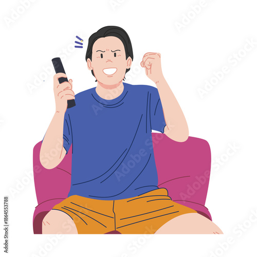 Illustration of a man enthusiastically enjoying his favorite live sports broadcast on an easily accessible smart TV.