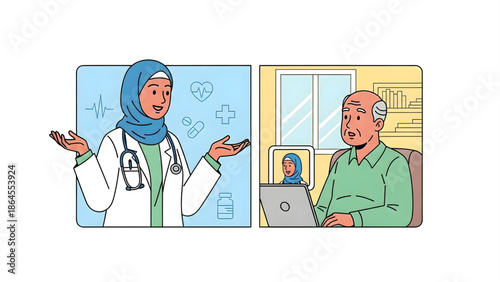 Telemedicine consultation between a female doctor in hijab and an elderly male patient.