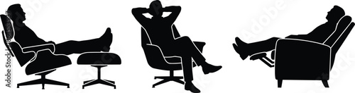 Silhouette man relaxing in modern armchair, comfortable seating poses, minimal black human shadow, furniture concept, lifestyle illustration isolated on white background