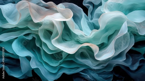A flowing abstract design featuring soft, layered textures in shades of teal and white, creating a sense of movement and depth.