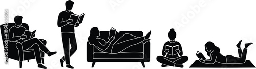 Silhouette people reading books, modern flat illustration, diverse readers relaxing indoors, education concept, knowledge learning, library lifestyle, home reading, black minimalist design